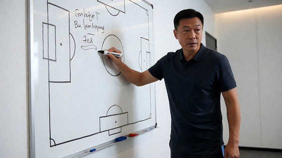 教练在战术板上标注跑位线路，用于讲解比赛阵型调整