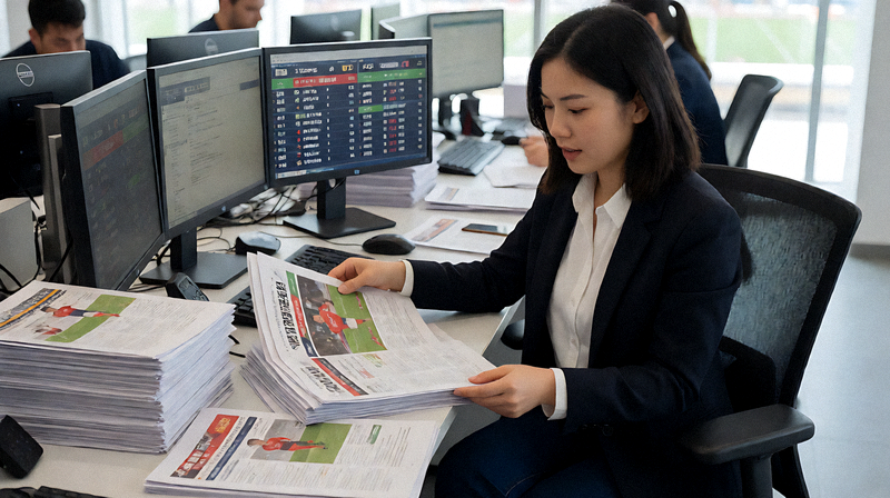 体育新闻编辑现场，工作人员整理赛事战报内容
